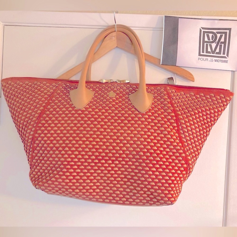 Pour La Victoire Leather basketweaved Authentic Extra Large Tote  Tan/Orange - Picture 3 of 16
